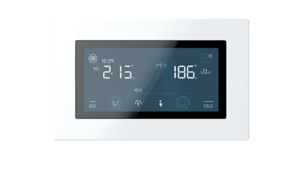 Modern digital alarm clock with electronic display isolated on white background
