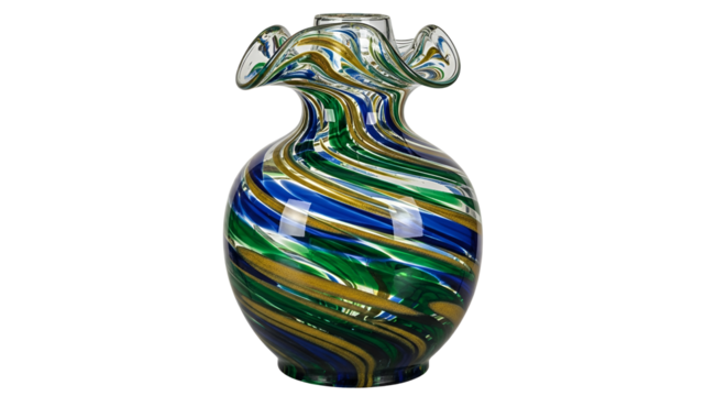 Elegant Murano glass vase with blue, green and gold swirls isolated PNG with Transparent Background