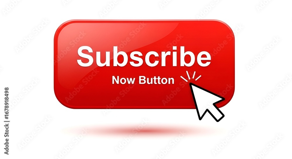 Aufkleber a glossy red subscribe now button with a white cursor clicking on it on a white background image