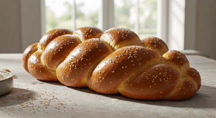 Golden Braided Bread with Sesame Seeds on Table by Window