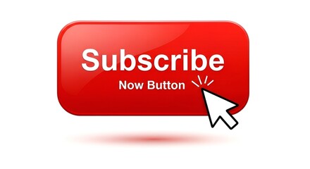 A glossy red subscribe now button with a white cursor clicking on it on a white background image