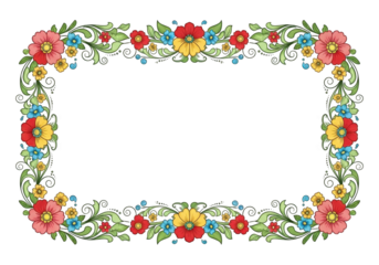 Rectangular floral border with colorful flowers and green leaves isolated on transparent background