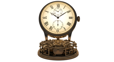 Vintage clockwork mechanism with analog time display isolated PNG with Transparent Background