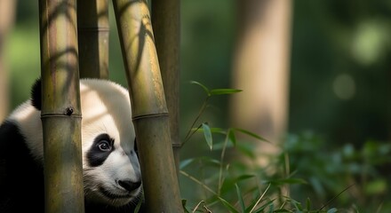 Obraz premium Panda hiding amongst bamboo stalks in a lush forest.