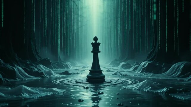 A chess king stands alone amidst a stream of flowing binary code. 4k video