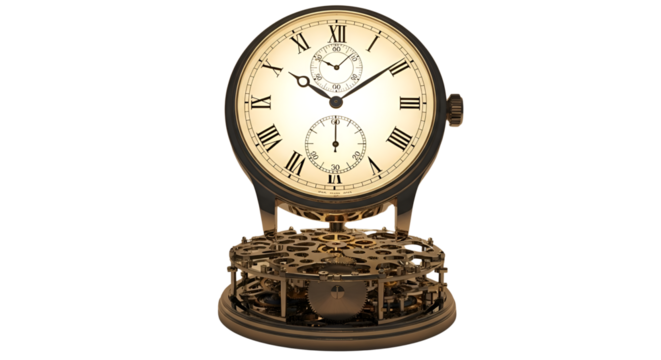 Vintage clockwork mechanism with analog time display isolated PNG with Transparent Background
