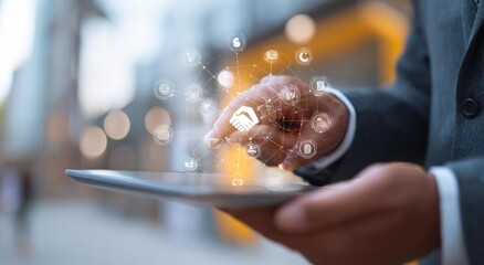 Businessman Interacting with a Futuristic Digital Interface on a Tablet.