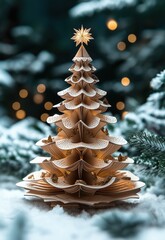 Paper Christmas tree in winter landscape.