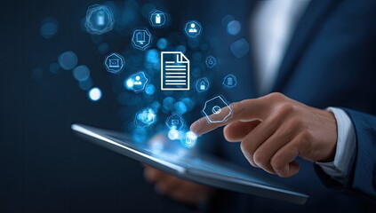 Business professional interacting with digital data on a tablet device.