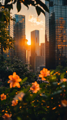 Urban skyline overgrown with lush green vines and blooming flowers under golden hour light
