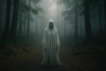 Eerie ghost haunting misty forest