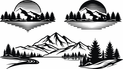 Stunning mountain lake scenes with pine trees and sunbursts capture nature's serene beauty and adventure