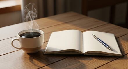 Warm cup of coffee beside an open notebook and a pen on a wooden table during a quiet morning