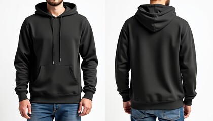 Mock up set featuring black hoodie, front, back view. Stylish pullover sweatshirt designed for casual wear, sports, fashion. Blank design allows for easy customization, branding. Isolated on white