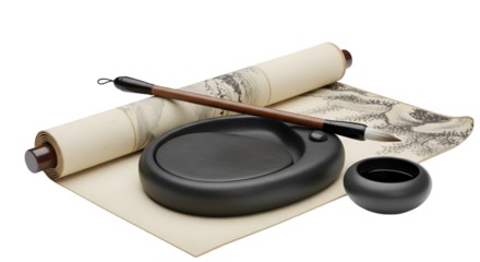Chinese ink brush with inkstone and scroll, artistic setup, isolated on white background