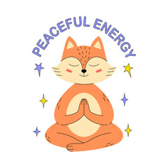 A cute, meditating fox cartoon with Peaceful Energy text and stars.