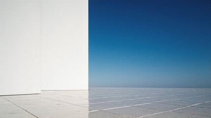 Minimal architecture with white walls and shadows under blue sky