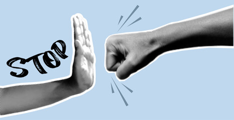 Pop art halftone collage with hand stop gesture against fist. Retro dotted protest design symbolizing conflict, violence prevention and social activism. Vector illustration 