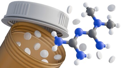 A 3d rendering of the floating white metformin pills and the detailed molecular structure, and a brown plastic drug bottle.