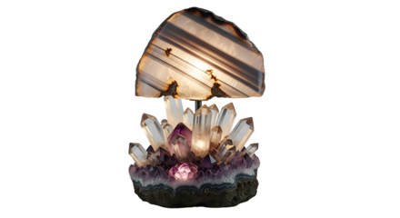 Illuminated crystal lamp featuring amethyst and agate isolated PNG with Transparent Background
