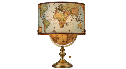 Antique globe lamp with a world map lampshade isolated PNG with Transparent Background