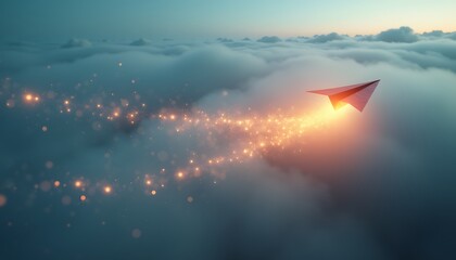 Glowing paper plane flying above clouds
