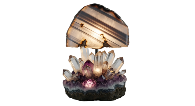 Illuminated crystal lamp featuring amethyst and agate isolated PNG with Transparent Background