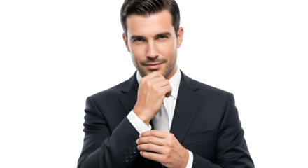 Businessman in formal suit adjusting sleeve, sharp professional portrait, isolated on white background.