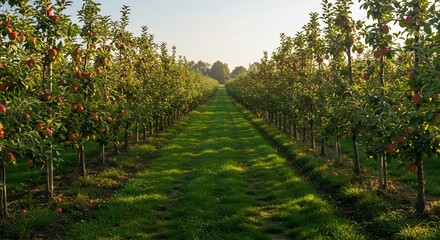 Obraz premium 爽やかな朝日に輝く、整然と並ぶリンゴ畑の美しい風景。