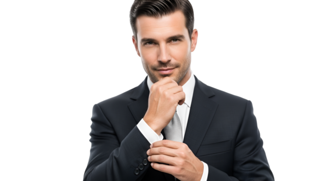 Businessman in formal suit adjusting sleeve, sharp professional portrait, isolated on white background.