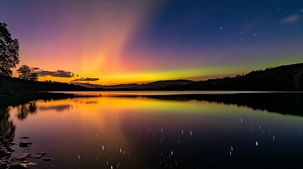 Serene Sunset Landscape With Starry Night Sky Reflection