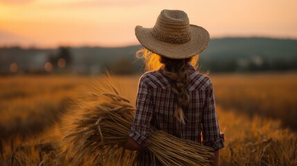 Obraz premium Farming at sunset with a woman holding a bundle of wheat in a golden field
