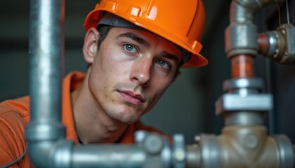 Young man in orange hard hat and work clothes examines pipes. Technician repairs plumbing or electrical system, possibly HVAC unit. Focus on skilled trade work, home improvement, maintenance.
