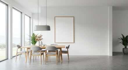 Modern dining room with wooden table and large windows