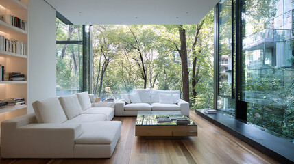 Minimalist interior with floor to ceiling windows