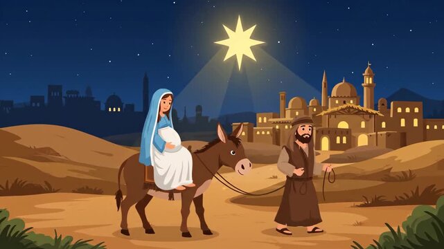 A beautiful illustration of the Christmas nativity story shows a pregnant Mary riding a donkey led by Joseph as they travel to Bethlehem under the shining star

