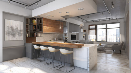 Minimalist open kitchen with breakfast bar