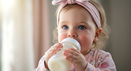 Adorable baby girl with blue eyes wearing a pink headband drinks from a bottle