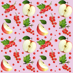 Red ripe apple and currant berries with lush green leaves, watercolor seamless pattern on pink background for design of textile, juice, jam, lemonade, sweets and eco - products.