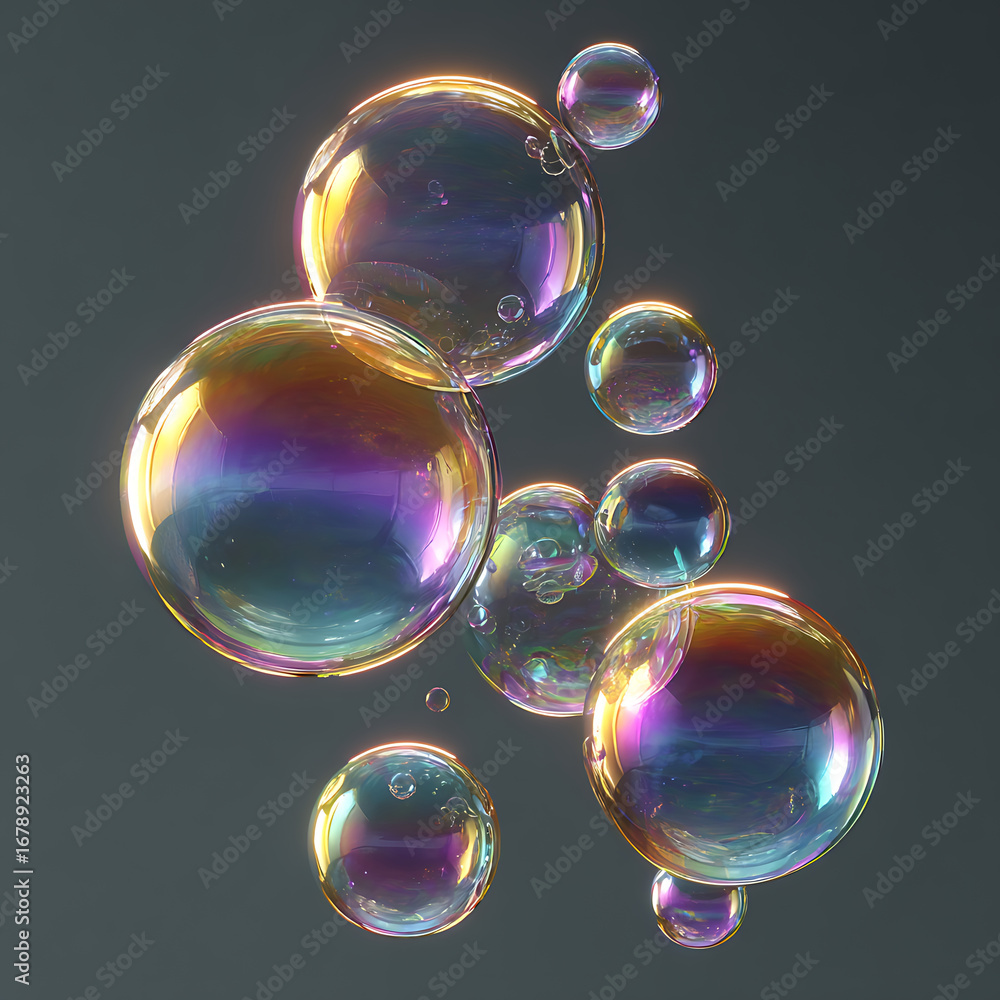 Poster Collection of iridescent soap bubbles floating with a dark background, creating an abstract effect.
