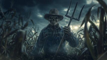 Fototapeta premium Zombie farmer with pitchfork standing in haunted cornfield. halloween zombie, farmer, cornfield, spooky, eerie, scary, creepy, undead, october, festive, horror, skull, haunted, rur