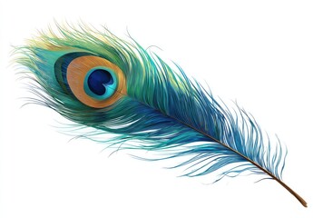 Vibrant peacock feather against white background