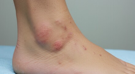 Foot with inflamed skin lesions closeup