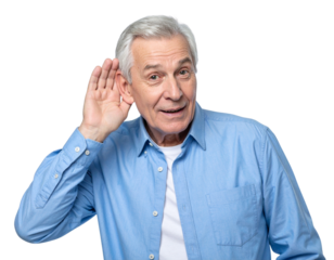  Senior Man Cupping His Ear to Hear Better, Front-Facing Portrait, Isolated on White Background