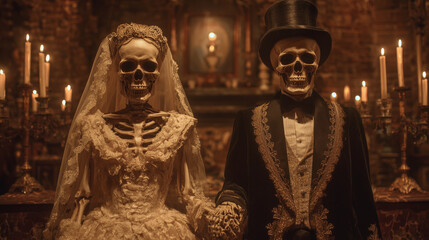 Skeleton bride and groom holding hands in haunted gothic chapel. keywords: halloween wedding, skeleton bride, skeleton groom, gothic, spooky, eerie, creepy, october, festive, skull
