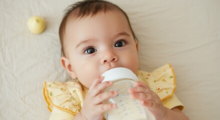 Adorable baby with big eyes drinking milk from a bottle, wearing a yellow outfit
