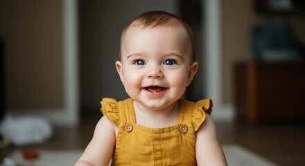 Adorable Baby with Bright Blue Eyes and Yellow Overalls Smiling Happily
