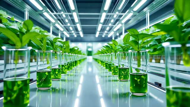 Modern indoor vertical farm with rows of green plants in glass containers under artificial LED light technology