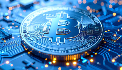 Bitcoin Token: A detailed capture of the iconic Bitcoin token, prominently displayed against the intricate backdrop of a circuit board, a visual representation of digital innovation.