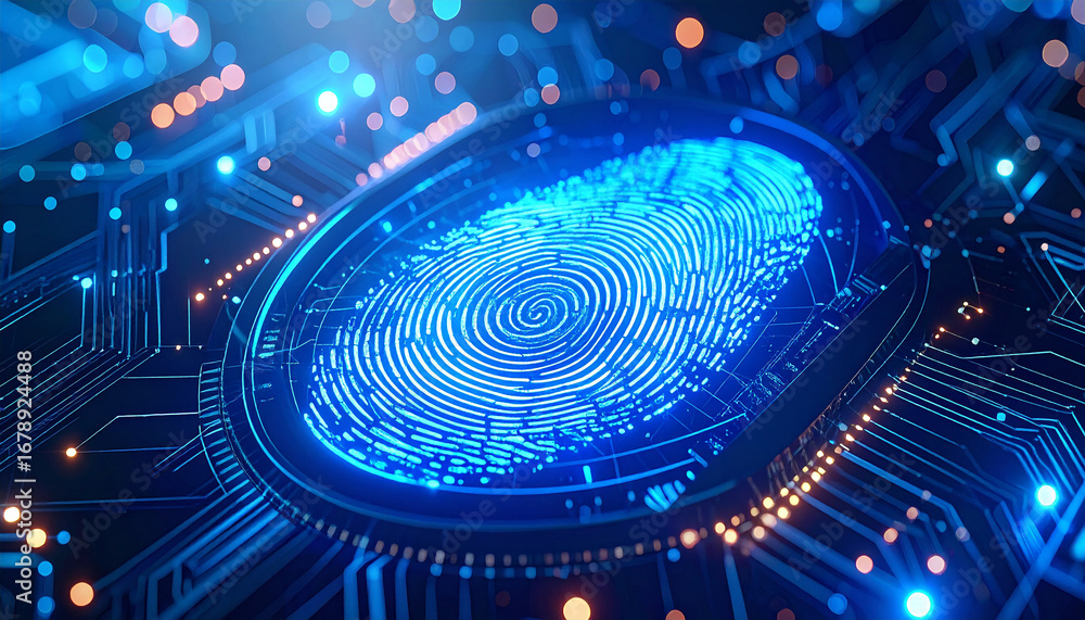 Poster digital fingerprint security: an evocative image of a glowing digital fingerprint illuminates the in